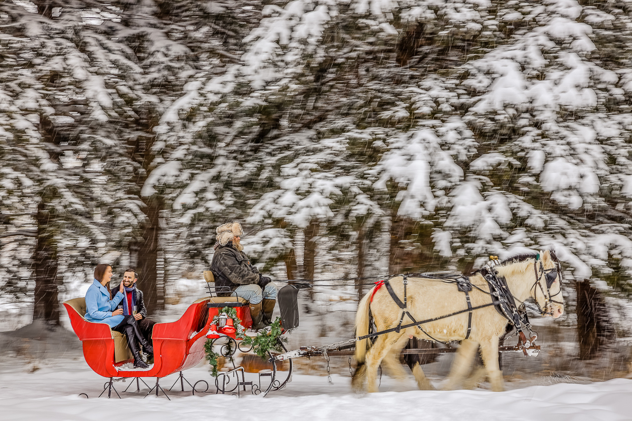 Aspen Carriage and Sleigh snowy Aspen, CO surprise proposal sleigh ride winter blue coat engagement diamond ring Crested Butte photographer Gunnison photographers Colorado photography - proposal engagement elopement wedding venue - photo by Mountain Magic Media