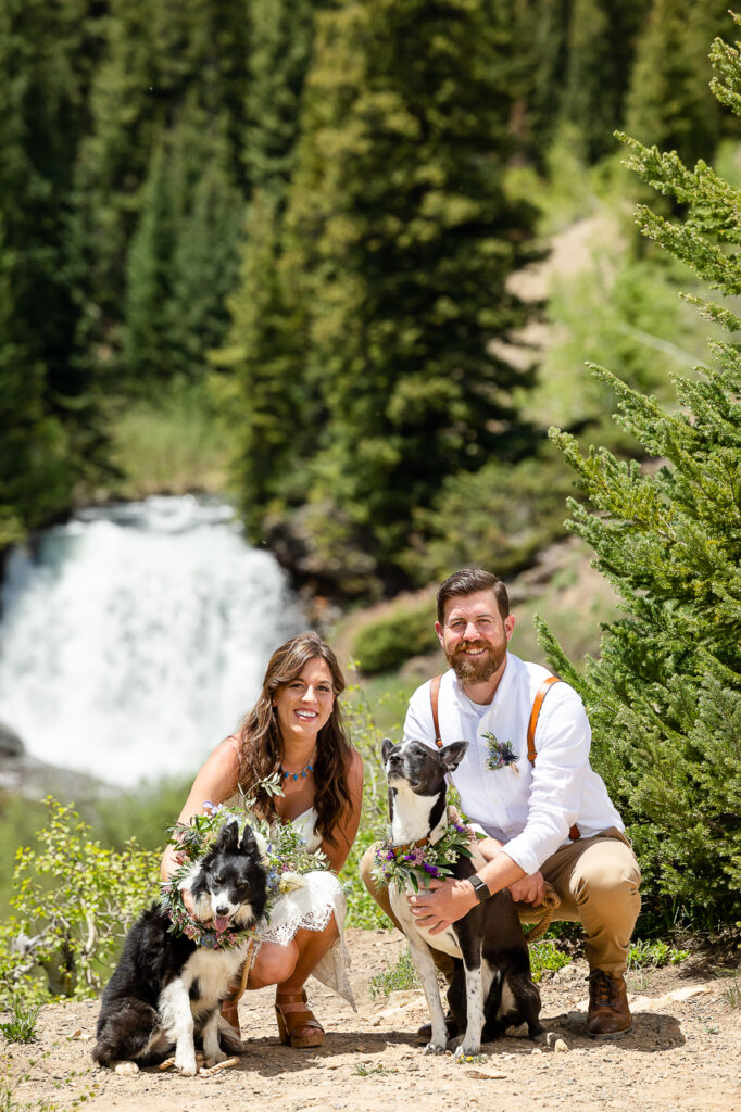 couple holding dogs on waterfall scenic mountain view background newlyweds small wedding Crested Butte photographer Gunnison photographers Colorado photography - proposal engagement elopement wedding venue - photo by Mountain Magic Media