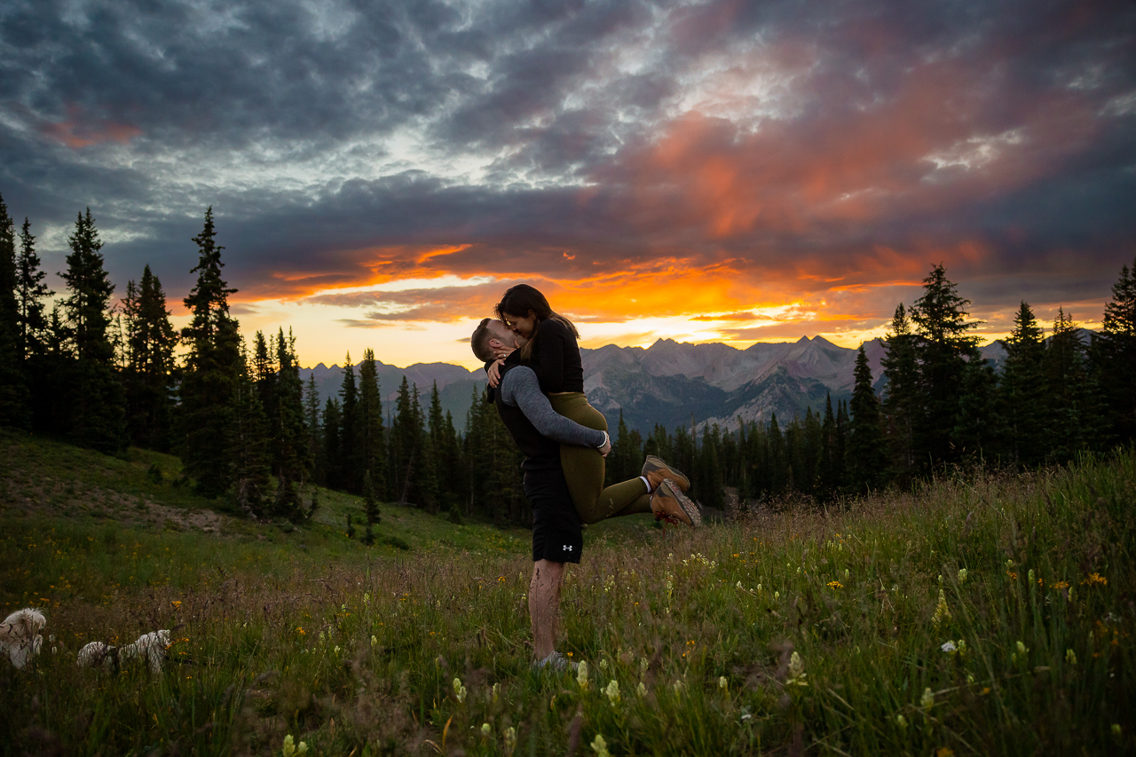 surprise proposal sunrise kiss romantic lift couple Crested Butte photographer Gunnison photographers Colorado photography - proposal engagement elopement wedding venue - photo by Mountain Magic Media