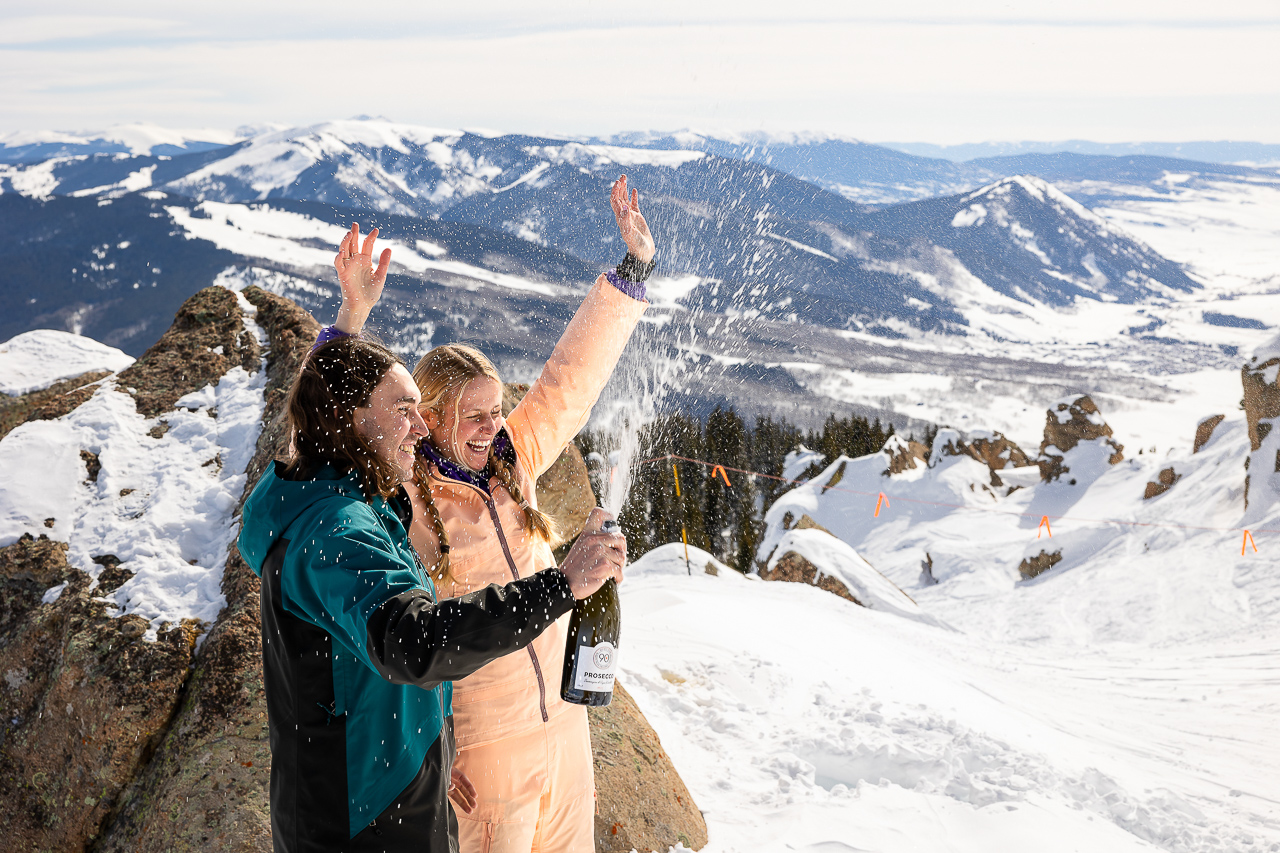 Teo Bowl snowy winter surprise proposal popping champagne Crested Butte photographer Gunnison photographers Colorado photography - proposal engagement elopement wedding venue - photo by Mountain Magic Media