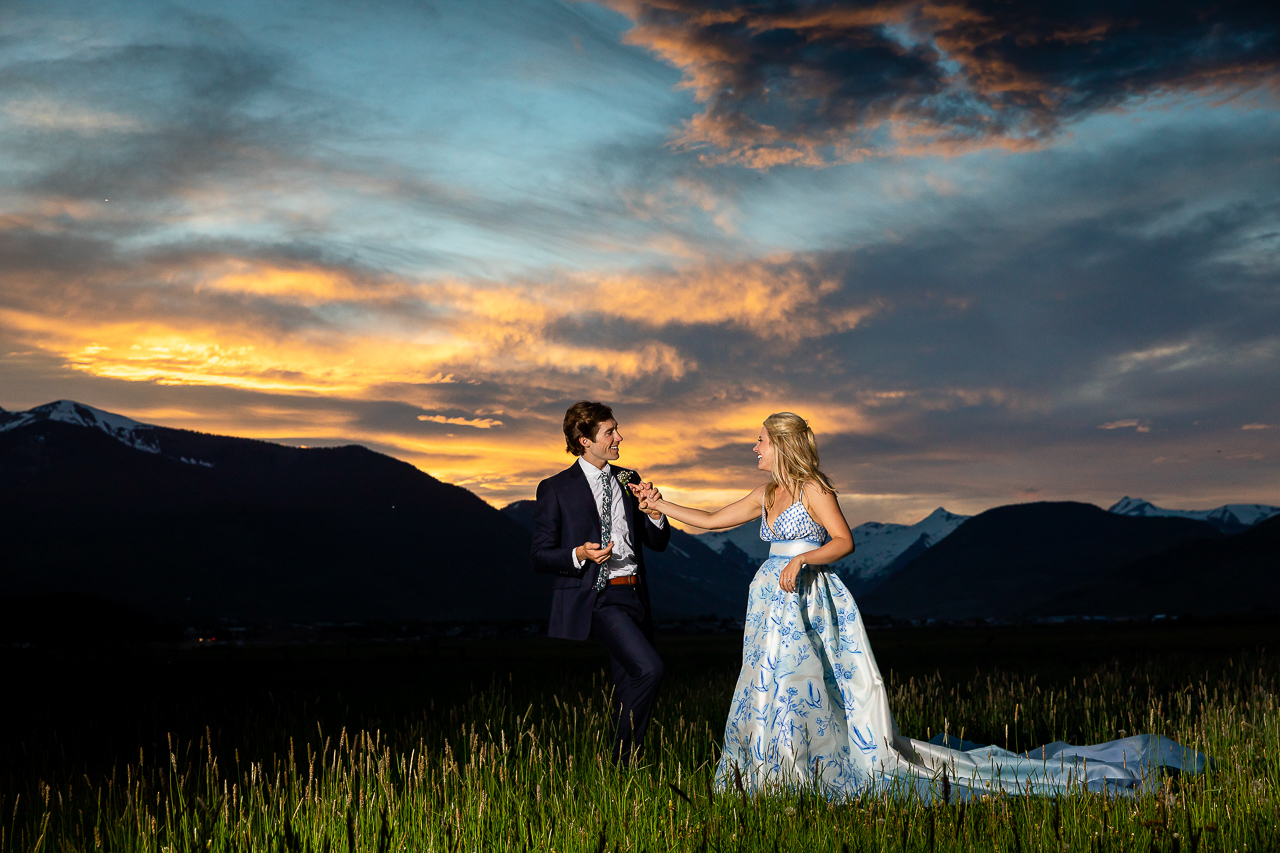 fire sky sunset paradise divide lift spin wedding dress custom florals Crested Butte photographer Gunnison photographers Colorado photography - proposal engagement elopement wedding venue - photo by Mountain Magic Media