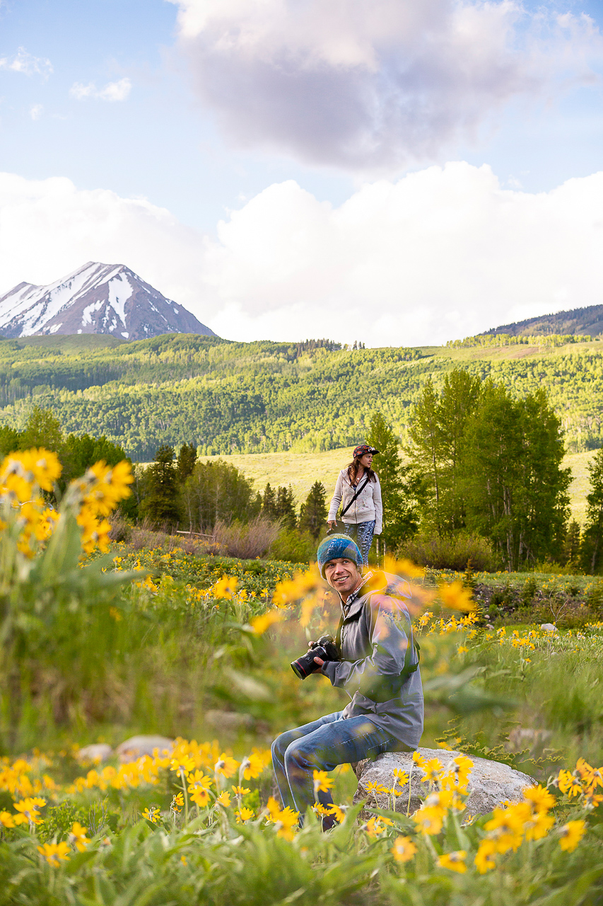double exposure photograph with yellow sunflowers and mountain view Crested Butte photographer Gunnison photographers Colorado photography - proposal engagement elopement wedding venue - photo by Mountain Magic Media
