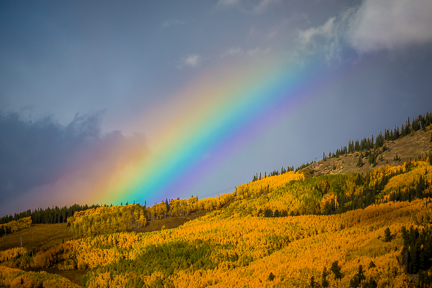 fall rainbow in Crested Butte with yellow aspen leaves peak foliage