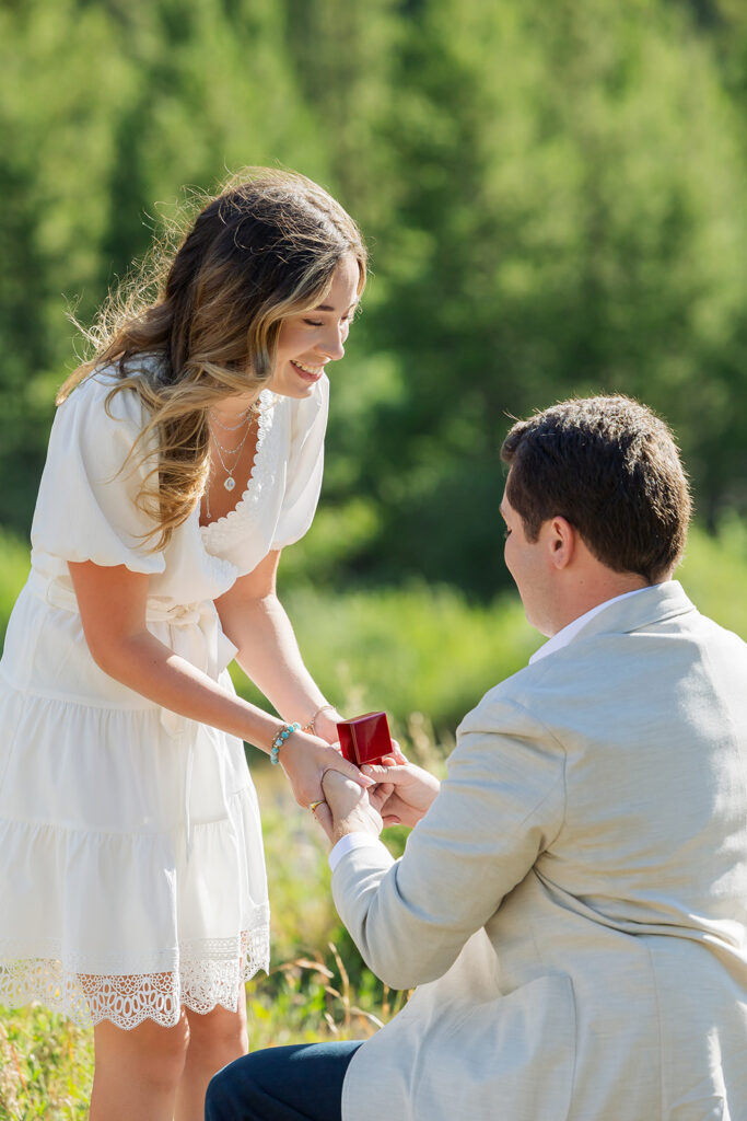 Crested Butte proposal photographer captures groom-to-be on one knee holding a ring box as his partner looks down at him, river valley and pine forest in the background